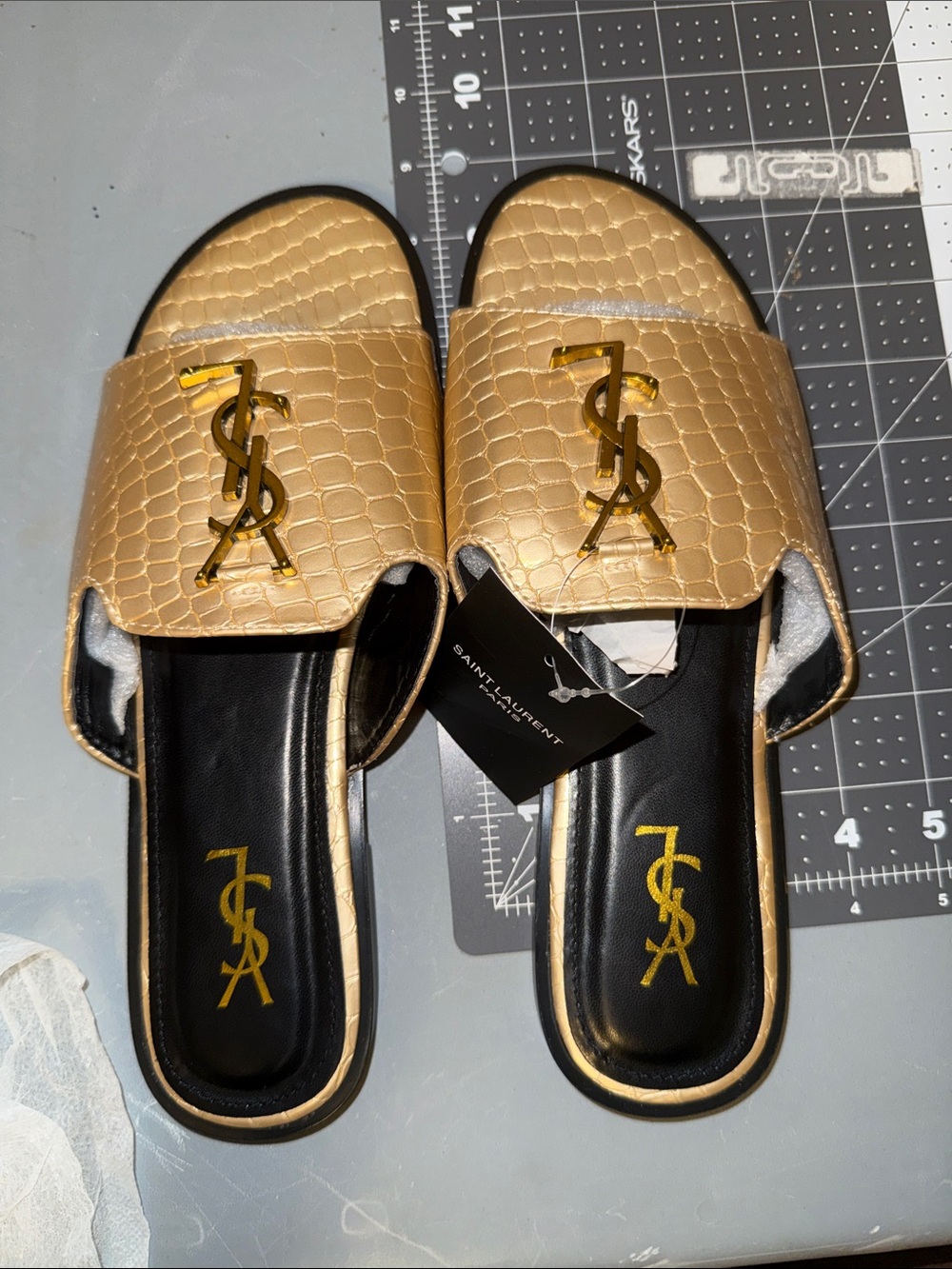 Saint Laurent Gold Croc-Embossed Slide Mules with Black Insole